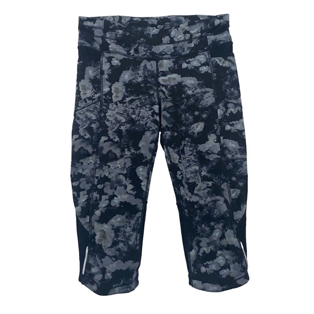 Athleta Women Small Capri Leggings Pants Black Gray Camouflage Pull On Pockets